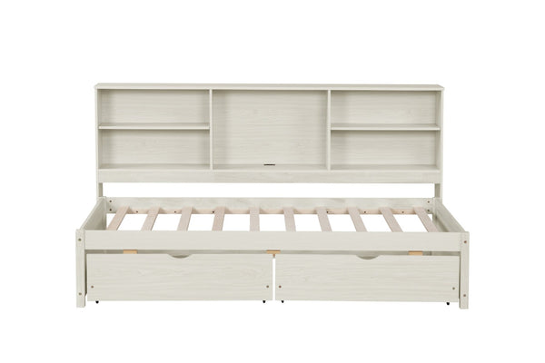 English Elm Twin Storage Bed with Bookcase Headboard Built-in Usb Charging and Two Drawers Creamy White W697S00037