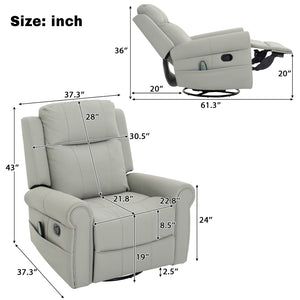 English Elm Manual Swivel Rocker Recliner Pu Leather Chair with Massage Heating and Pocket Spring Support Grey N763P363558E
