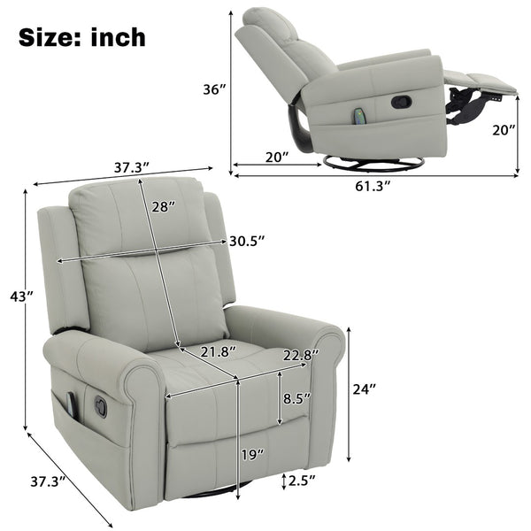 English Elm Manual Swivel Rocker Recliner Pu Leather Chair with Massage Heating and Pocket Spring Support Grey N763P363558E