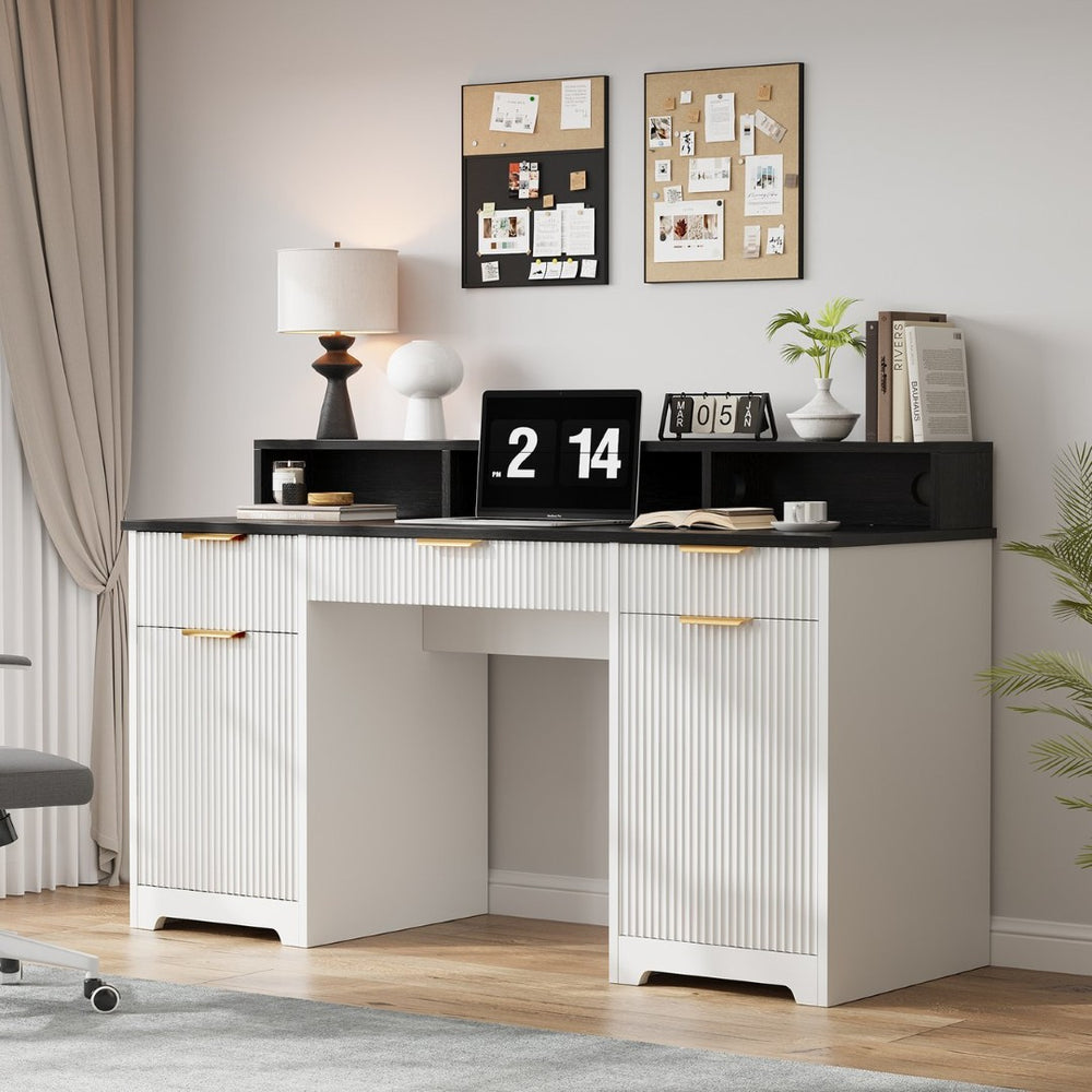 English Elm Executive Home Office Desk with Power Outlets Monitor Stand and File Storage T3773P417164