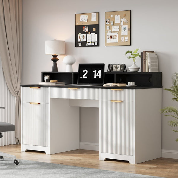 English Elm Executive Home Office Desk with Power Outlets Monitor Stand and File Storage T3773P417164