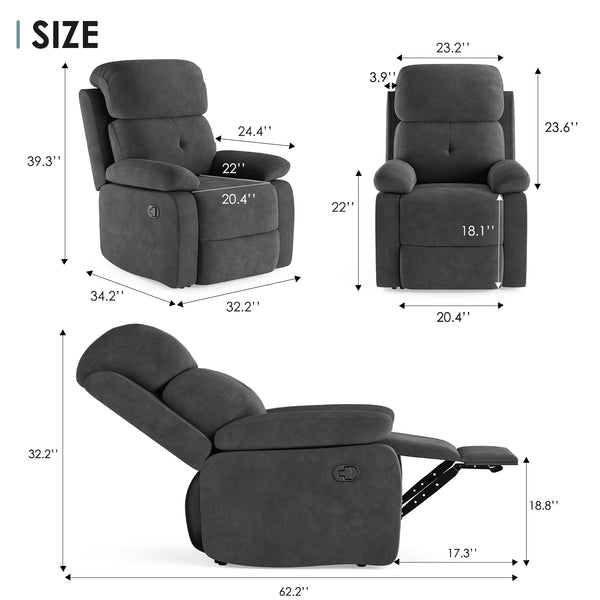 English Elm Small Recliner Chair with Padded Cushioning and Acacia Wood Frame, Easy Assembly, 330lb Capacity Grey T3623P408686