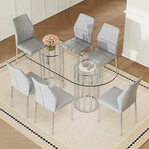 English Elm Table and Chair Set Oval Tempered Glass Top Six Seat Contemporary Dining Light Gray,Silver,Transparent W1151S04742