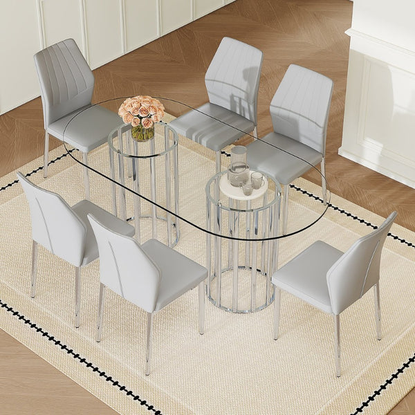 English Elm Table and Chair Set Oval Tempered Glass Top Six Seat Contemporary Dining Light Gray,Silver,Transparent W1151S04742