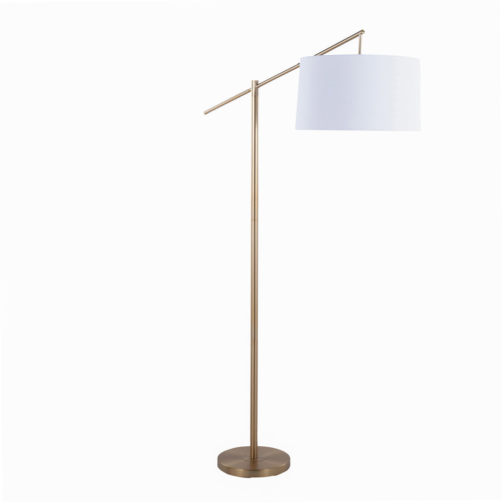 English Elm Casper 69" Contemporary Gold Floor Lamp with Off-White Linen Drum Shade, Angled Arm, Slim Design B202P223996