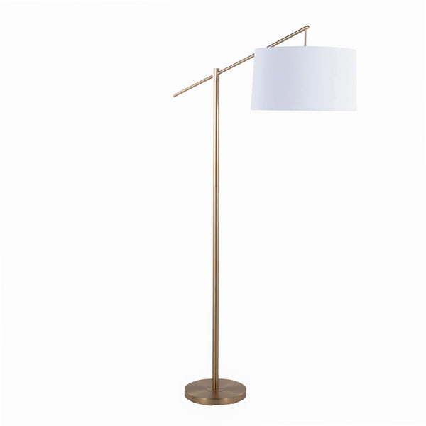 English Elm Casper 69" Contemporary Gold Floor Lamp with Off-White Linen Drum Shade, Angled Arm, Slim Design B202P223996