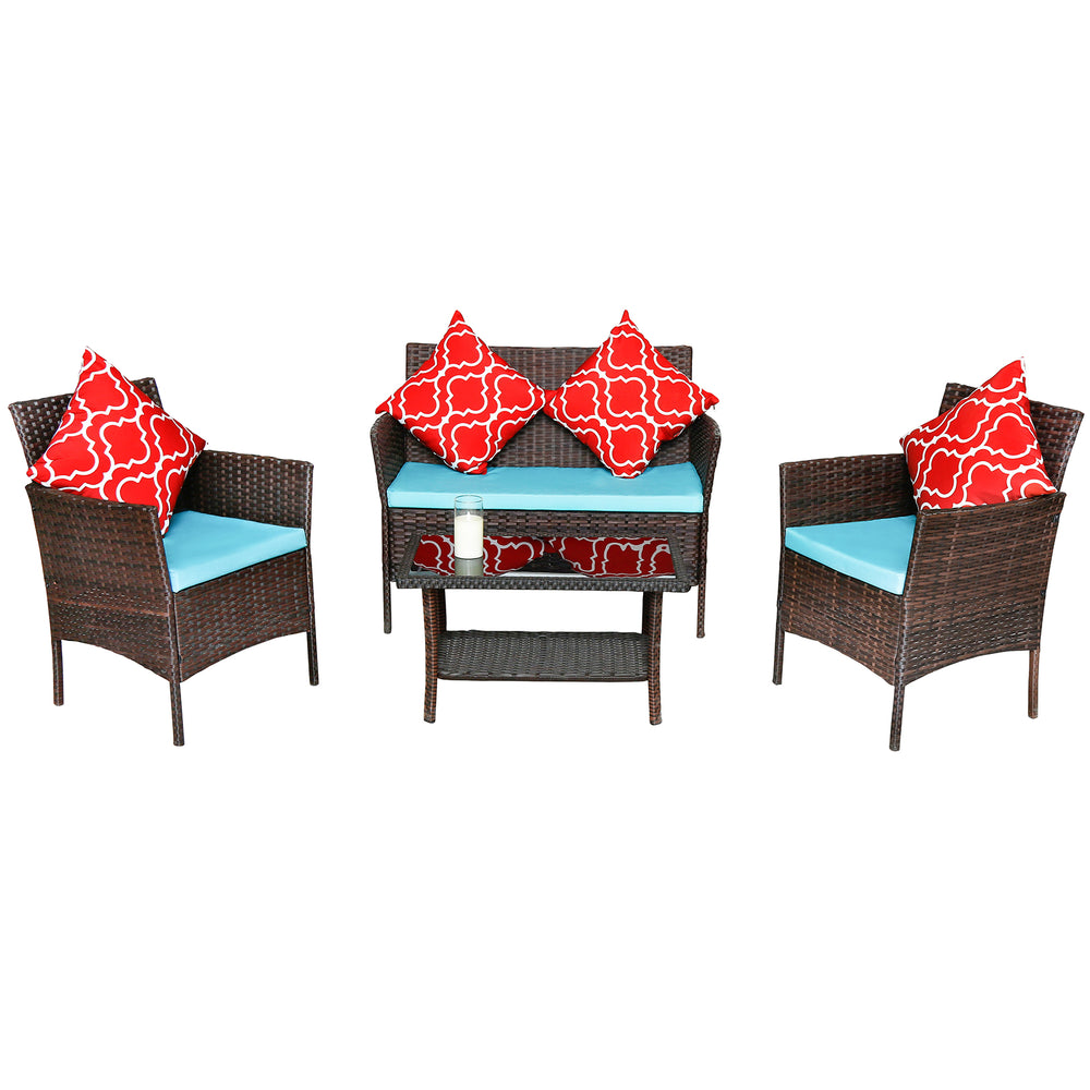 English Elm Four-Piece Outdoor Rattan Sofa Set With Emerald Green Cushions & Stylish Glass Table For Patios W3152P269438