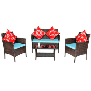 English Elm Four-Piece Outdoor Rattan Sofa Set With Emerald Green Cushions & Stylish Glass Table For Patios W3152P269438