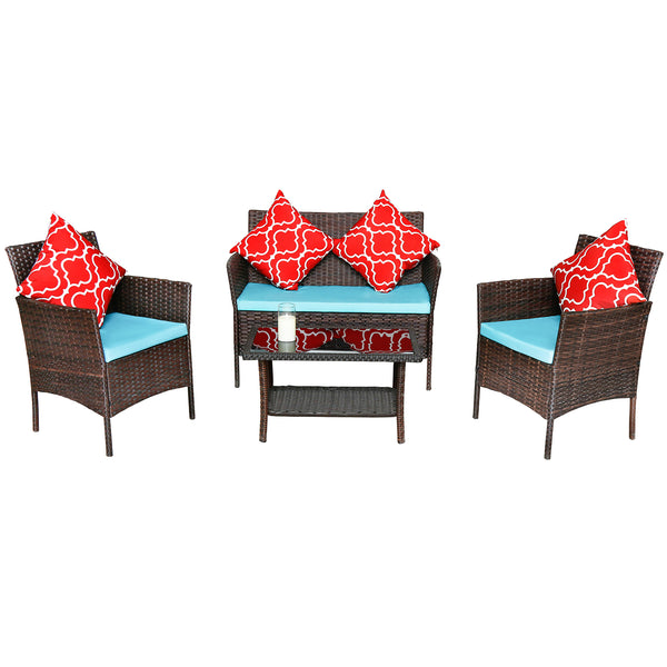 English Elm Four-Piece Outdoor Rattan Sofa Set With Emerald Green Cushions & Stylish Glass Table For Patios W3152P269438