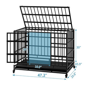 English Elm 48 Inch Steel Dog Crate on Wheels Foldable Heavy Duty Cage with Removable Tray W347P421329