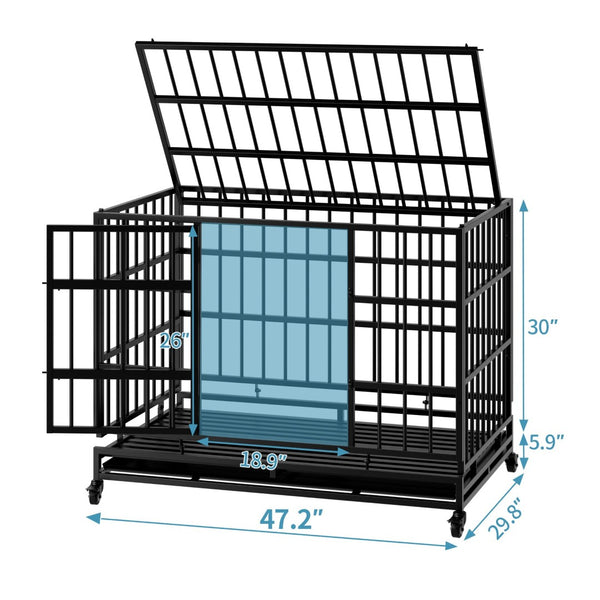 English Elm 48 Inch Steel Dog Crate on Wheels Foldable Heavy Duty Cage with Removable Tray W347P421329
