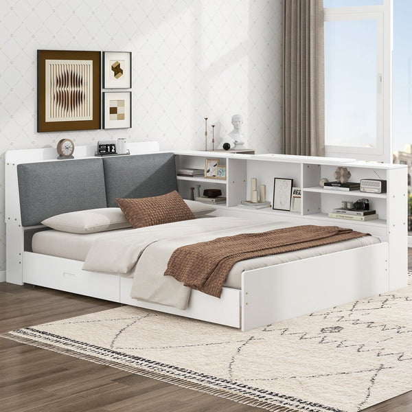 English Elm Wood Full Size platform bed with storage headboard, built-in shelves and drawers, sturdy pine frame, compact solution for small rooms White GX002054AAK