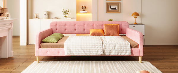 English Elm Queen Upholstered Daybed with Tufted High Sideboard, Linen Finish, Solid Wood Frame, 800lb Capacity Pink N7500001850H