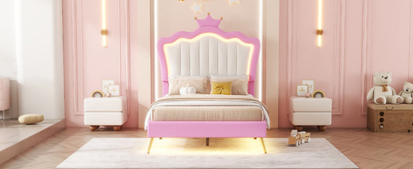 English Elm Twin Size Upholstered Bed Frame With Crown Headboard & Led Lights - Modern Pink & White Princess Style W2770P190377-GIGA