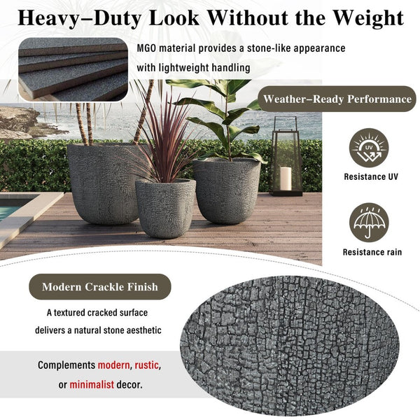 English Elm U_style Mgo Round Planters Set of Three Crackle Stone Texture Patio Garden Pots Gray N711P406660E