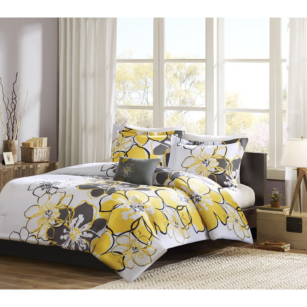 JLA Home Mi Zone - Floral Oversized Yellow & Grey Reversible Comforter Set with Decorative Pillow, Soft Microfiber, Antimicrobial Protection 90 L x 86 W x 1H MZ10-075