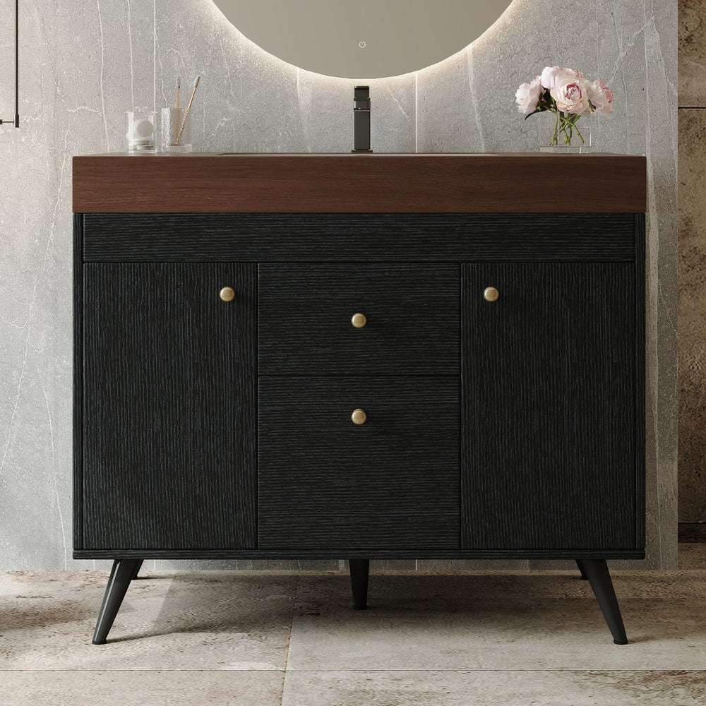 English Elm 36" Freestanding Bathroom Vanity Sintered Stone Top Ceramic Sink Stainless Steel Legs Black,Gold,Walnut,White W3136S00073