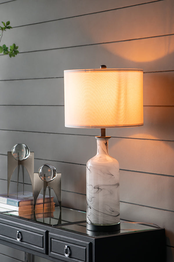 English Elm 14x14x28.5" Sarris Tall Glass Table Lamp - Gray & White Swirl Elegance with Linen Drum Shade, Modern Accent W2078P324067