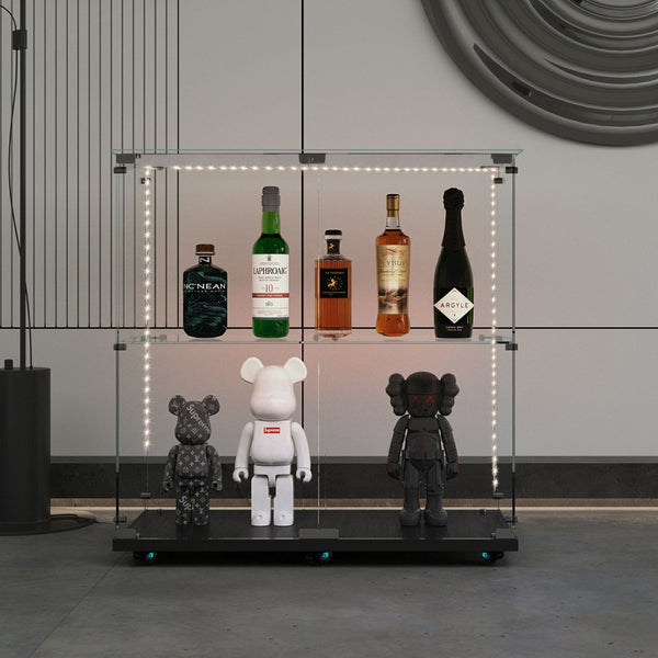 English Elm Tempered Glass Display Cabinet With Bluetooth Led Light, Lockable Casters & Versatile Storage Solutions W3155P290423-GIGA