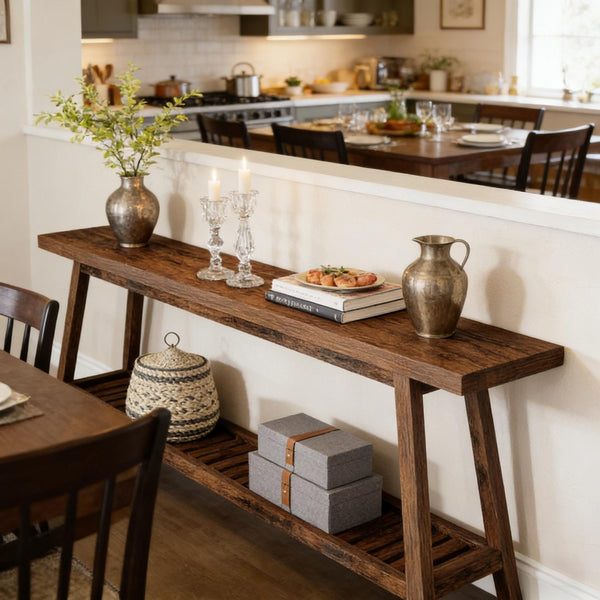 English Elm Hall Console Table Industrial Rustic Two Tier Wood Tone Metal Frame Entryway Sofa Brown T3971P451358