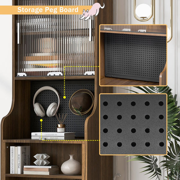 English Elm Modern Wooden Foldable Desk with Hutch Walnut Mid-Century Extendable Workstation LED Shelves Cat Bed N843MP001W