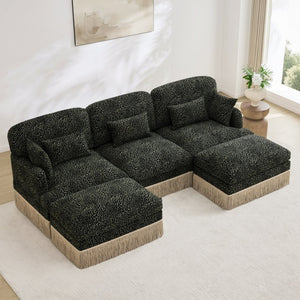 English Elm 100"comfy Chenille Leopard Print U-shaped Sectional with Tassel Trim and Modular Ottomans Green W5656S00033