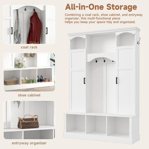 English Elm On-trend Farmhouse Hall Tree with Dual Cabinets Seven Hooks and Arched Entryway Storage White N721S000078K