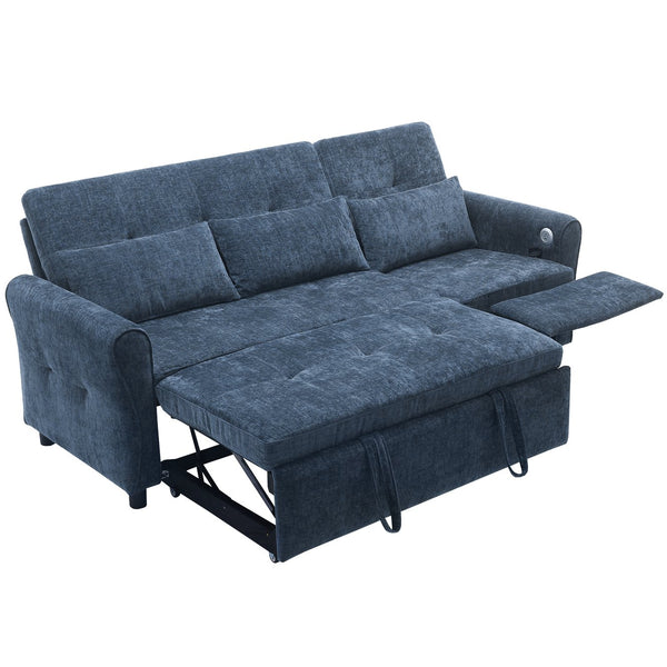 English Elm 2-in-1 Sofa Pull-Out Sleeper with Reversible Recliner, USB Ports, Tufted Curved Arms, 82" Comfort Blue N719S002010C