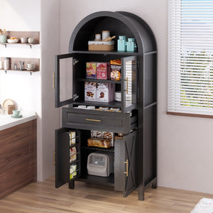 English Elm 71" Arched Glass Barn Door Pantry Cabinet Farmhouse Mdf Storage for Kitchen Dining Black W2917S00016