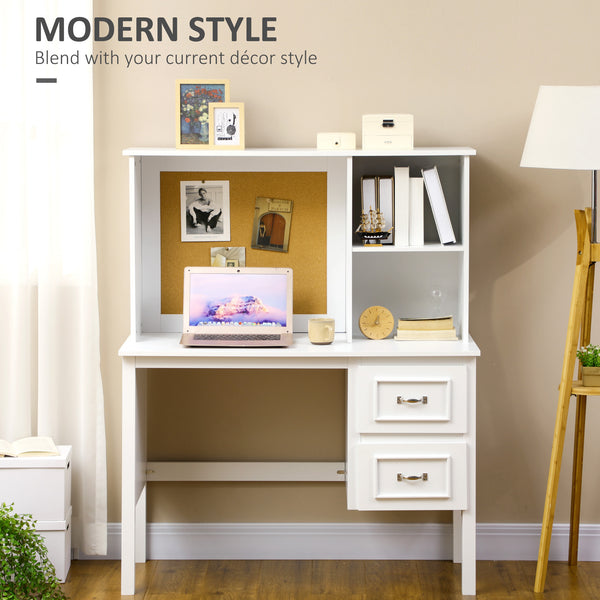 English Elm HOMCOM Modern White Computer Desk with Deep Drawers, Shelves & Corkboard Backwall for Office Organizing W2225P229688