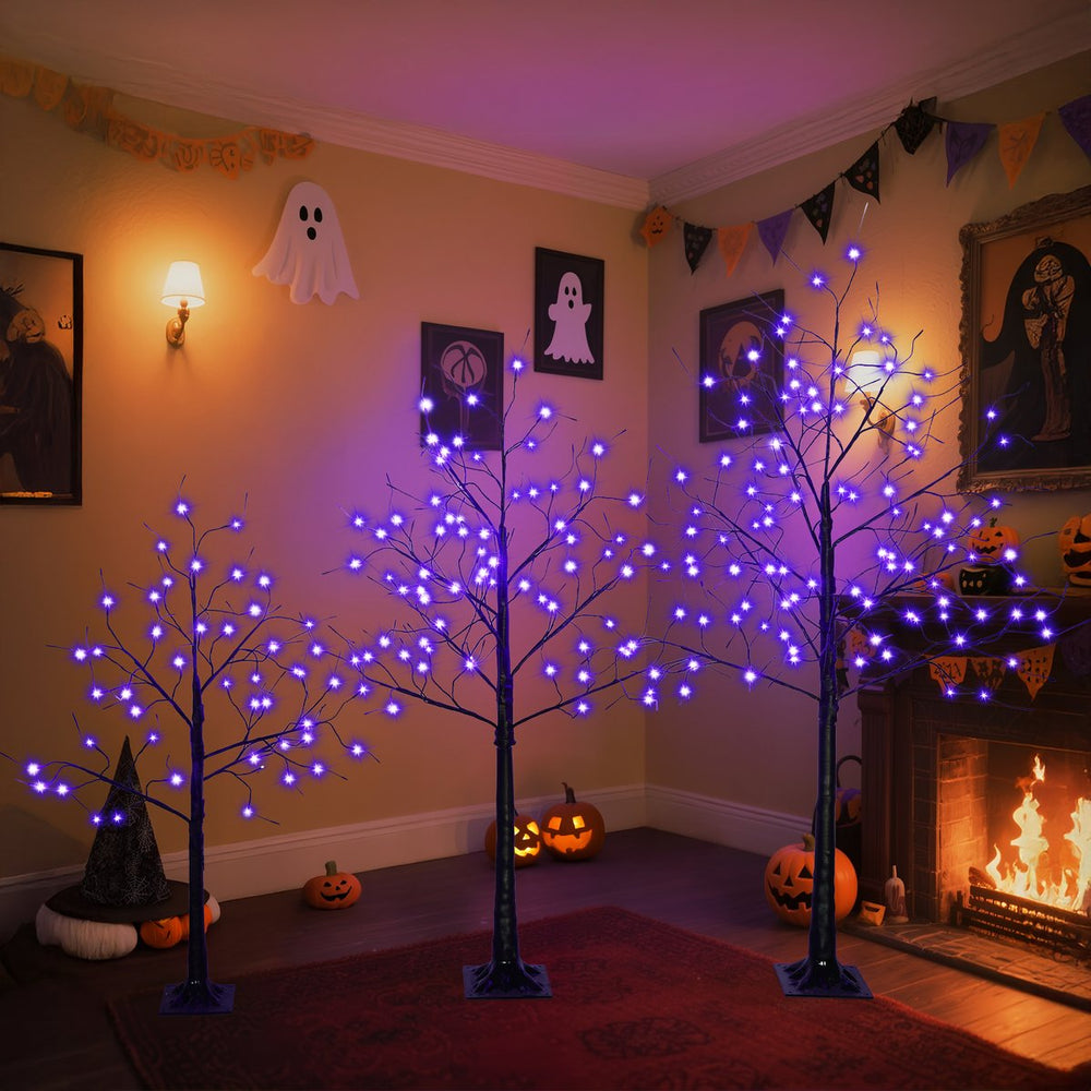 English Elm 3 Pack Halloween Spooky Tree Set with Purple LED Lights, 4ft‑6ft Hinged UV‑Resistant Indoor Decor (96) PX283443AAF