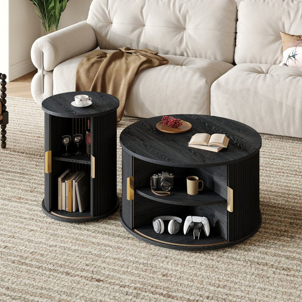 English Elm [Assembly Mid-Century Coffee Table Set with Tambour Sliding Doors, Fluted Round End Table, Gold Handles, Versatile Storage and Stylish Wooden Finish Black N721P351940B