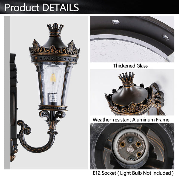 English Elm 21"(H) Vintage Outdoor Wall Lantern Coffee+Golden, Waterproof Aluminum & Clear Glass Sconce, E26 Hard-Wired Elegance for Patio Entryway Garden W2312P411862