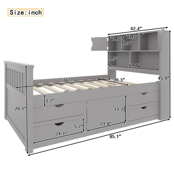 English Elm Twin Captain Platform Bed with Bookcase Headboard Four Drawers Pine Mdf Frame Gray GX001828AAE-1