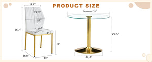 English Elm Table And Chair Set - 35" Round Tempered Glass Dining Table With Gold Metal Base & 4 White Chairs W1151S03703-GIGA