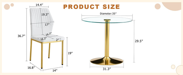 English Elm Table And Chair Set - 35" Round Tempered Glass Dining Table With Gold Metal Base & 4 White Chairs W1151S03703-GIGA
