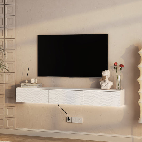 English Elm Floating LED TV Stand Wall Mounted with 16-Color Ambience, Modern Floating Cabinet with Ample Storage for 55–65" TVs White 72.24 L x 16.73 W x 5.12 H W1321P307882