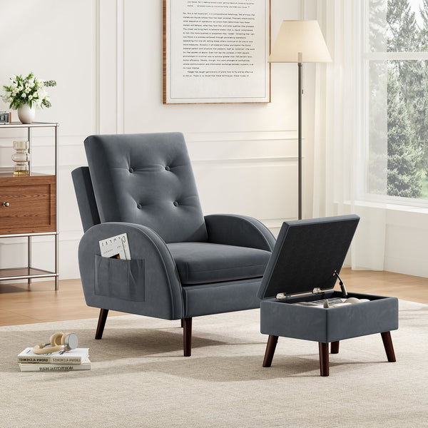 English Elm Upholstered Velvet Accent Chair and Ottoman with Storage, Tufted Design, 6-Level Adjustable Backrest Dark Gray T3623P411376