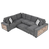 English Elm 109" U-Shaped Sectional Sofa Pull-Out Sofa Bed With Two Usb Ports, A Storage Chaise Lounge and Four Back Pillows For Living Room, Grey