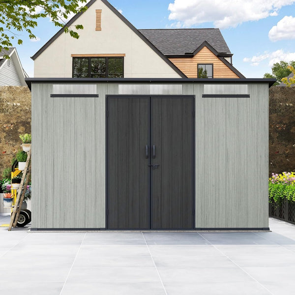 English Elm 6x11ft Outdoor Resin Shed Lockable Doors Skylight Vents Rust Proof Backyard Storage W1859S00175