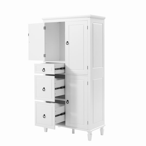 English Elm Retro Multi-Functional Storage Cabinet with Adjustable Shelves, 3 Drawers & Doors, Stylish White Organizer for Living Room Bathroom Kitchen Office - Elegant, Space-Saving Design N725P236498K
