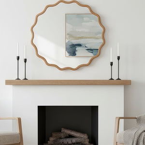 English Elm Natural Wood 30in Wavy Round Solid Wood Frame Decorative Mirror – Rustic Elegant Boho Vanity Accent W2203P389072