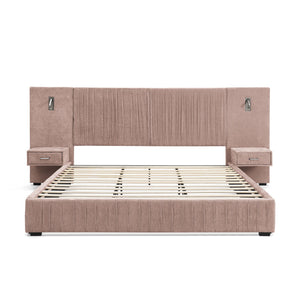 English Elm King Modern Upholstered Platform Bed with Pleated Chenille Headboard, Built‑in Nightstand & Lamp Pink W487S00391