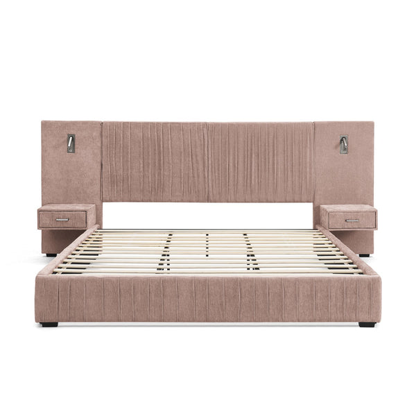 English Elm King Modern Upholstered Platform Bed with Pleated Chenille Headboard, Built‑in Nightstand & Lamp Pink W487S00391