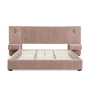 English Elm Queen Upholstered Bed Frame With Chenille Fabric, Pleated Headboard & Built-In Nightstand - Pink W487S00399-GIGA