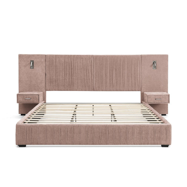 English Elm Queen Upholstered Bed Frame With Chenille Fabric, Pleated Headboard & Built-In Nightstand - Pink W487S00399-GIGA