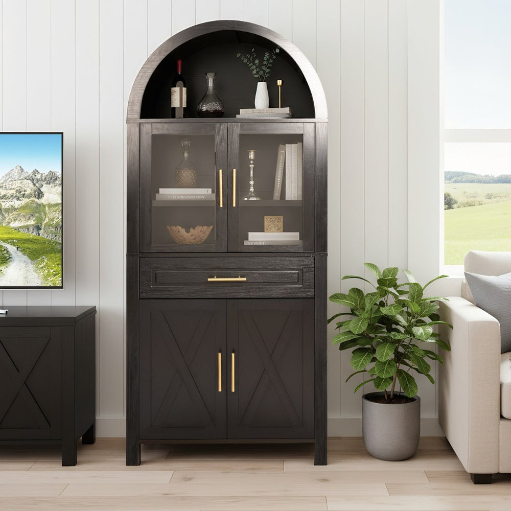 English Elm 71" Arched Glass Barn Door Pantry Cabinet Farmhouse Mdf Storage for Kitchen Dining Black W2917S00016