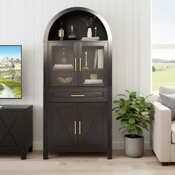 English Elm 71" Arched Glass Barn Door Pantry Cabinet Farmhouse Mdf Storage for Kitchen Dining Black W2917S00016