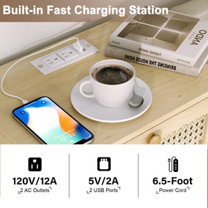 English Elm 15"W Rattan 2-Drawer Nightstand with USB/AC Ports, Natural Boho Wood Bedside Table, Compact Storage T3771P351733