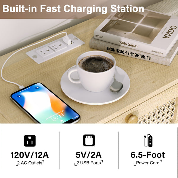 English Elm 15"W Rattan 2-Drawer Nightstand with USB/AC Ports, Natural Boho Wood Bedside Table, Compact Storage T3771P351733